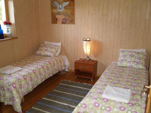 a room with two beds and a table with a lamp at Kibuvitsa Holiday House in Muratsi