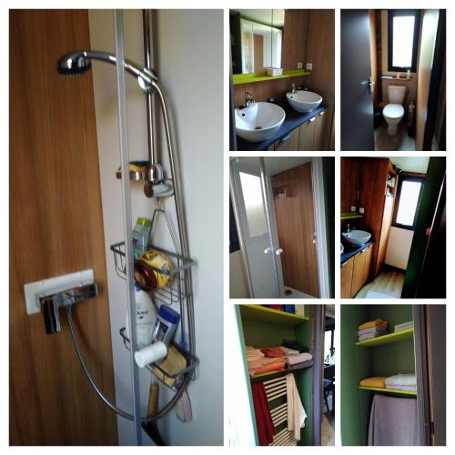 un collage de photos d'une salle de bains avec douche dans l'établissement chalet, à Onesse-et-Laharie