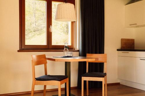 a kitchen with a table and two chairs and a window at Tanafreida Berg-Refugium in Sankt Gallenkirch