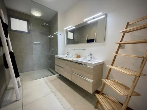 Un baño con lavabo, ducha y espejo. en Tahiti Ethnik 2 bedrooms AC Pool, en Punaauia