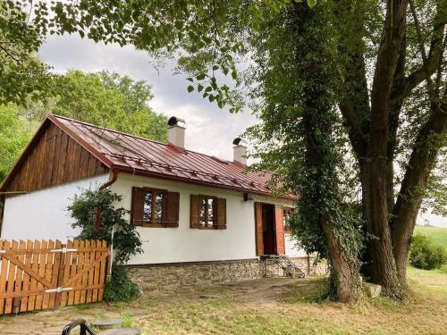 een wit huis met een hek en een boom bij Dvůr Metlice in Rožmberk nad Vltavou