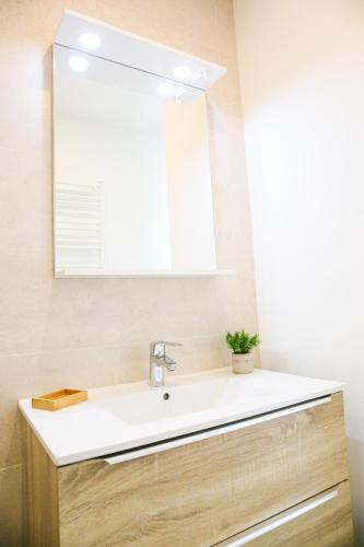 une salle de bain avec un lavabo blanc et un miroir dans l'établissement Villa MACAO, à Gujan-Mestras