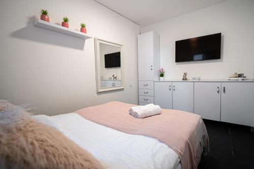 une chambre blanche avec un lit et une télévision à écran plat dans l'établissement סויטת החורש, à Shelomi