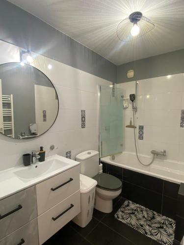 une salle de bain avec toilettes, lavabo et miroir dans l'établissement Studio cabine Cannes 2, à Cannes