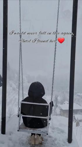 a person sitting on a swing in the snow at Eco cottage sunrise merisi in Merisi