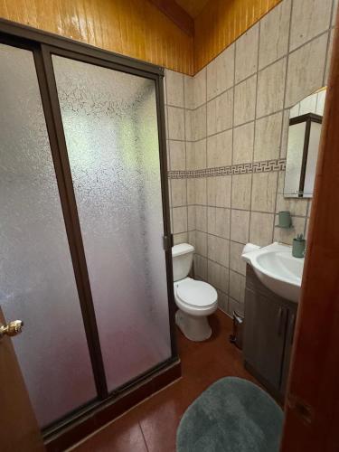 a bathroom with a toilet and a glass shower door at Cabañas El Mirador de Recinto in Recinto