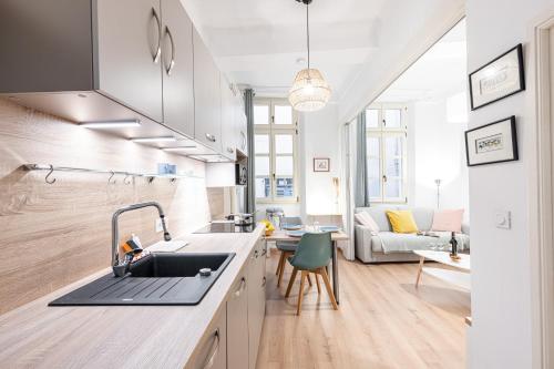 une cuisine avec un évier et un salon dans l'établissement FEEL HOME - Poissonnerie, à Nice