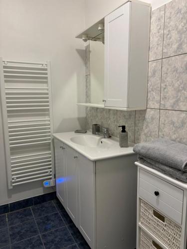 une salle de bain blanche avec un lavabo et un miroir dans l'établissement T3 centre ville Rodez, à Rodez