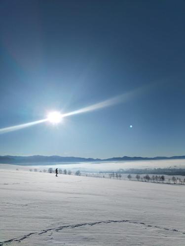 a person walking on a beach with the sun in the sky at Penzion Real in Žiar