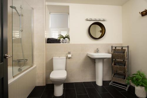 a bathroom with a toilet and a sink and a shower at Hide hill ,2 bedroom central apartment in Berwick-Upon-Tweed
