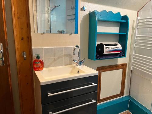 une salle de bain avec un lavabo et un miroir dans l'établissement Studio 4 personnes plein centre, à Cauterets