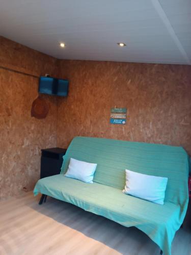 a room with a green couch with two white pillows at O Canto do Melro, Guest House in Cortegaça