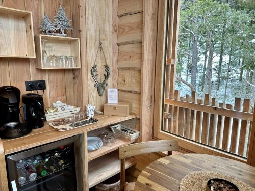 - une cuisine avec un comptoir et une fenêtre dans une cabine dans l'établissement Villa Forêt et Spa, à Champdray