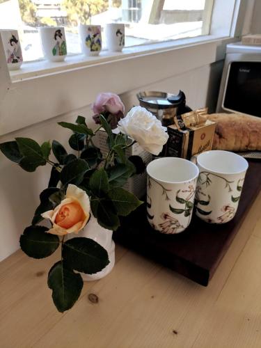 a vase with flowers in it on a table at Tree House Jan Juc in Torquay