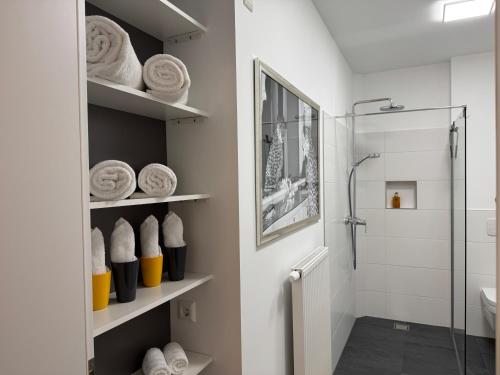 a bathroom with a shower and shelves with towels at Historie trifft Moderne in Weikersheim