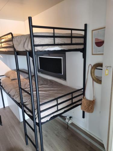 a room with two bunk beds with a television at Exclusive houseboat experience in Stavoren