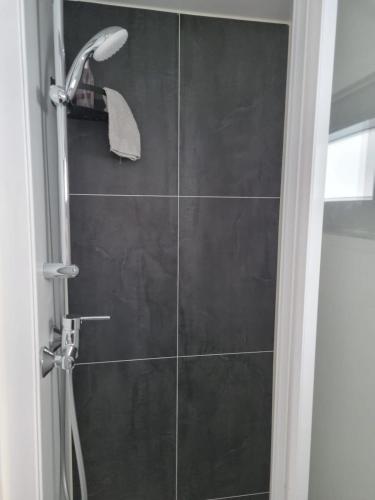 a bathroom with a shower with a shower head at Exclusive houseboat experience in Stavoren