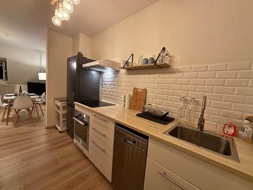 une cuisine avec un évier et un plan de travail dans l'établissement Appartement proche centre ville avec parking, à Colmar
