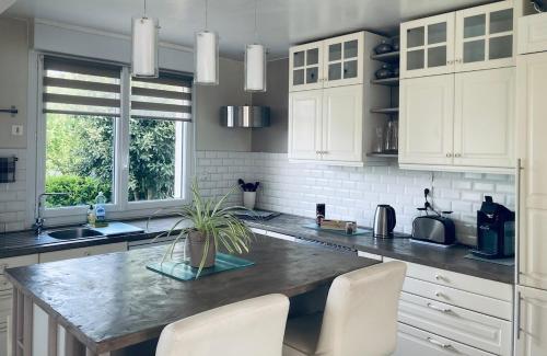 a kitchen with white cabinets and a marble counter top at Cozy'Maisonnette 5Chb Brest Guip in Guipavas