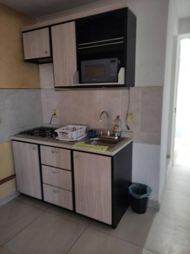 a kitchen with a sink and a microwave at Comodo apartamento en fraccionamiento se Factura in Hilamas