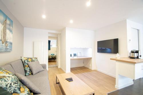a living room with a couch and a tv at TY AR PARIZ T3 Rennes centre Parc du Thabor in Rennes
