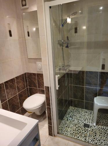 une salle de bain avec une douche, des toilettes et un lavabo dans l'établissement Beija Flor, au Cap d'Agde