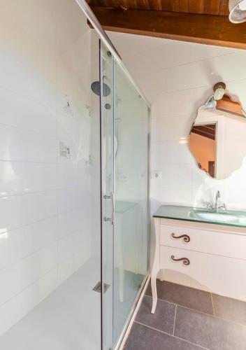 a bathroom with a glass shower and a sink at Casa Rural Orós in Orós Alto