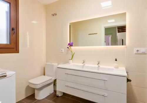 a bathroom with a sink and a toilet and a mirror at Casa Rural Orós in Orós Alto