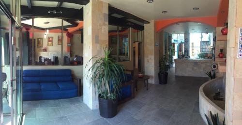 a lobby with a blue couch and some plants at Hotel Tres Marías in San Cristóbal de Las Casas