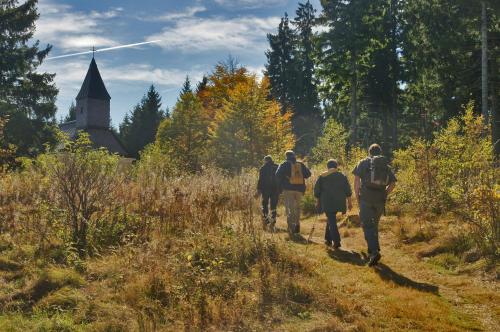 a group of people walking down a path in front of a church at Zur neuen Post Landgasthof in Herzogsreut