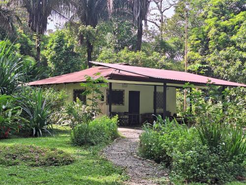 a small yellow house with a red roof at Four Monkeys Eco Lodge Jungle & Beach - The House in Cabo Matapalo