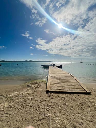 a wooden pier on a beach with a boat at Boquerón Beach & Country Cabins in Boqueron