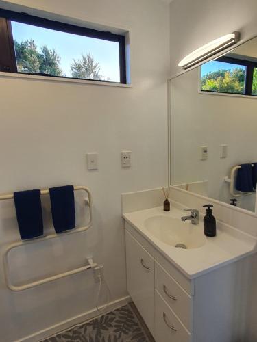 a bathroom with a sink and a mirror at Studio on the Bay in Opua