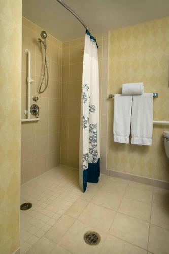 a bathroom with a shower with a shower curtain and towels at Residence Inn by Marriott Madison West/Middleton in Middleton