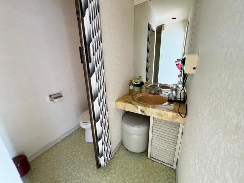 a bathroom with a sink and a toilet and a mirror at Hotel 21 in Nagasaki