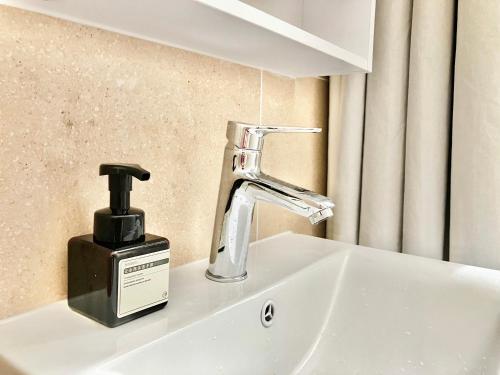 上海市にある禅茶庭院两居室2-Bedroom Apart ment With Gardenの洗面台(蛇口付)、石鹸ディスペンサー