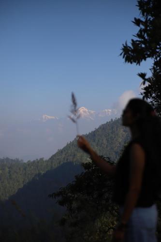 a woman standing on top of a hill with a view at Simba Jungle Lodge, Binsar Wildlife Sanctuary in Binsar