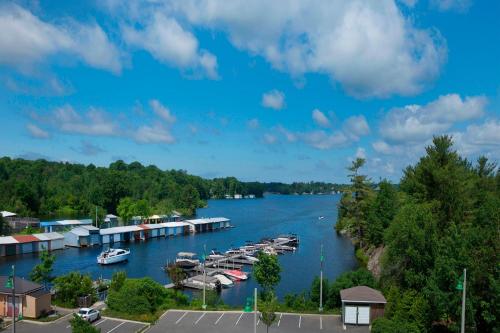 a view of a marina with boats in the water at Residence Inn by Marriott Gravenhurst Muskoka Wharf in Gravenhurst