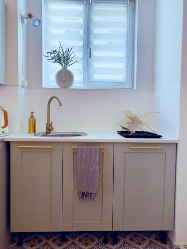 a kitchen with a sink and a window at Gold Touch Studio in Timişoara