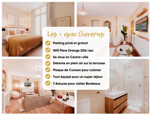 un collage de photos d'une chambre et d'un salon dans l'établissement FREE Parking - Self Checkin - WIFI - Balcony - LE CHEVERUS - SUPERBORDEAUX, à Bordeaux