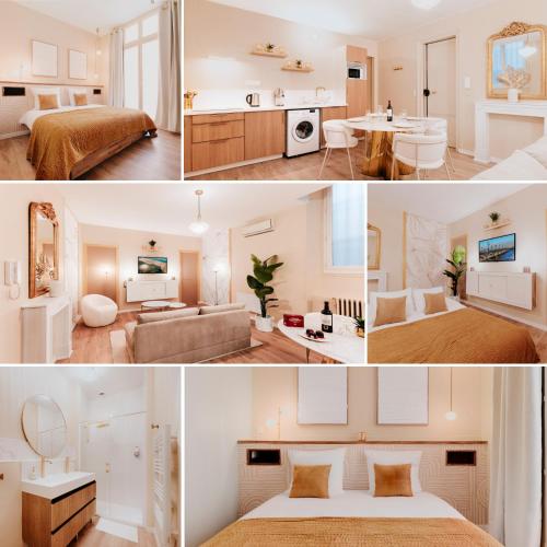 un collage de photos d'une chambre et d'un salon dans l'établissement FREE Parking - Self Checkin - WIFI - Balcony - LE CHEVERUS - SUPERBORDEAUX, à Bordeaux
