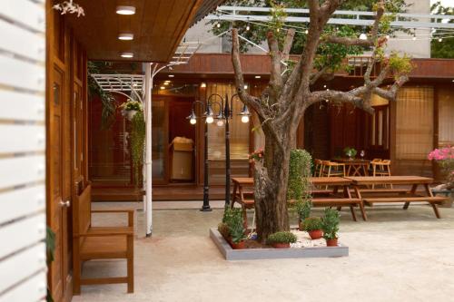 a patio with benches and a tree and a table at Hoàng Dung homestay- Vũng Tàu in Vung Tau