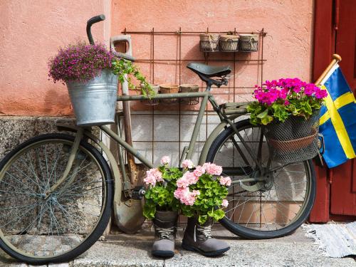 a bicycle is parked next to a flower pot at Sofo Hotel in Stockholm