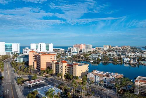 an aerial view of a city with a body of water at Hampton Inn and Suites Clearwater Beach in Clearwater Beach