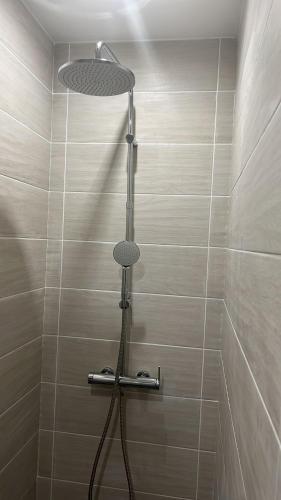 une douche avec pommeau de douche dans une salle de bain dans l'établissement Domaine des Montots - Le Cottage, à Tanlay