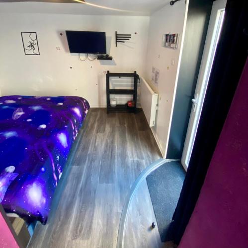 a room with a purple couch and a tv at Petite maison au calme avec jardin clôturé les animaux bienvenue in Mollau