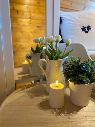 a table with three vases with flowers and a candle at Ferienhaus-Blockhütte im Fichtelgebirge - Nagler See 2 km in Nagel