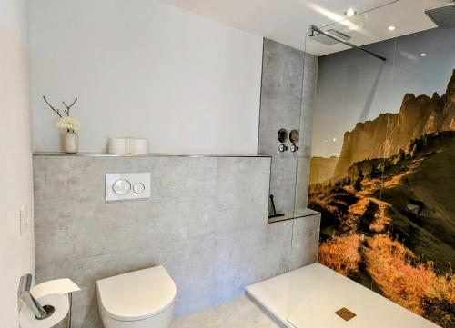 a bathroom with a toilet and a painting on the wall at Ferienwohnung Alpenlift in Bolsterlang Sommerbergbahn kostenlos in Bolsterlang