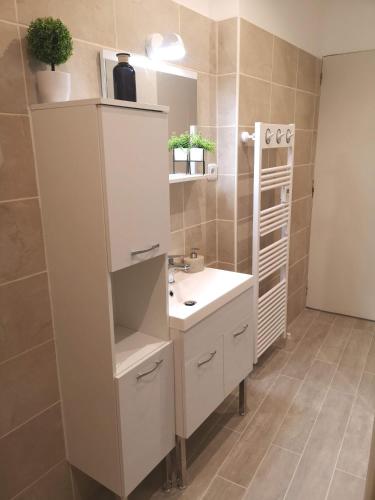 une salle de bain avec un lavabo blanc et un miroir dans l'établissement Coeur Historique - CosyHome 18 - Parking à proximité, à Pau