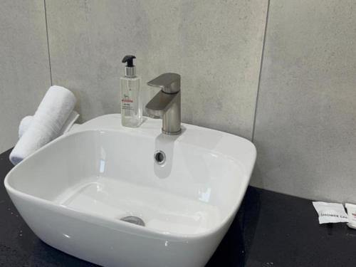a bathroom sink with a soap bottle on it at Royal On Olifant Drive in Marloth Park